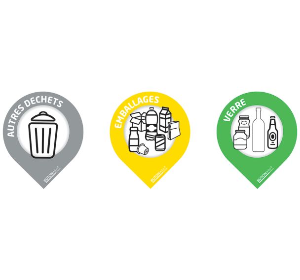 Planche de 3 stickers goutte autres déchets - emballages - verre