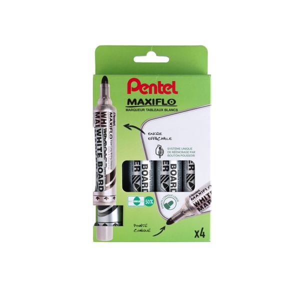 Poch 4 marqueurs Maxiflo Pentel pointe ogive large assortis