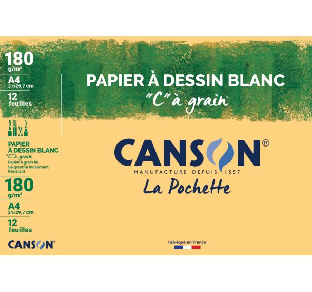 Pochette 12 feuilles dessin blanc c a grain 180 gr - Canson