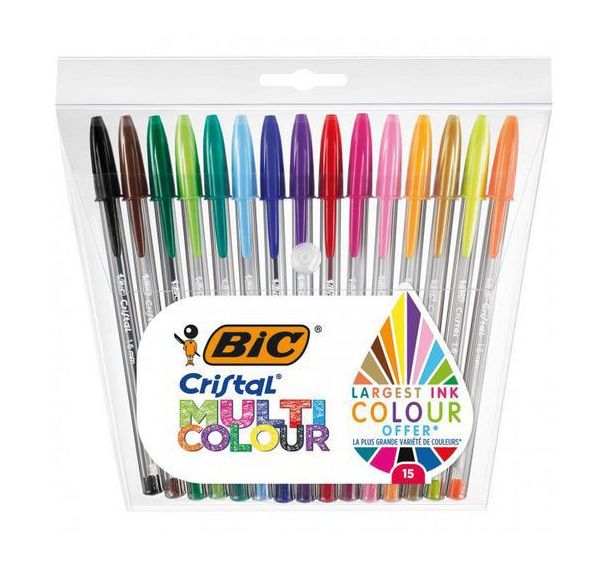 Pochette 15 stylos bille moyenne Bic Cristal Multicouleur