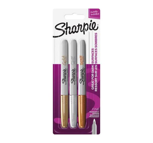 Pochette 3 Sharpie marqueurs métalliques permanents, pointe ogive 0.9 mm, or, argent, bronze