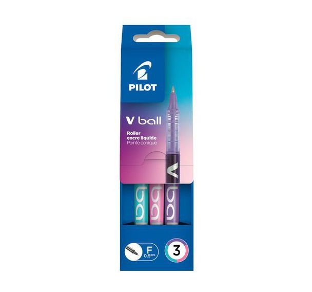 Pochette 3 rollers V ball 0,5 mm rose/turquoise/violet