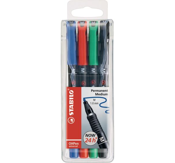 Pochette 4 feutres OHPen permanent pointe moyenne 1 mm Stabilo couleurs assortis