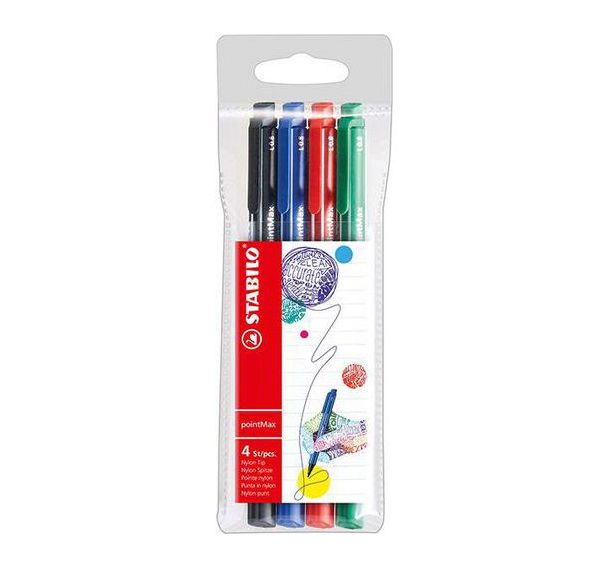 Pochette 4 feutres PointMax Stabilo couleurs bleu, noir, rouge, vert
