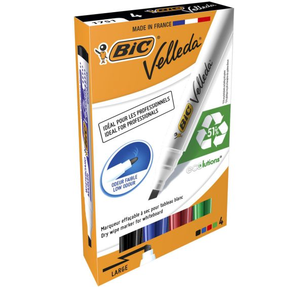 Pochette 4 marqueurs Velleda pointe biseautée BIC
