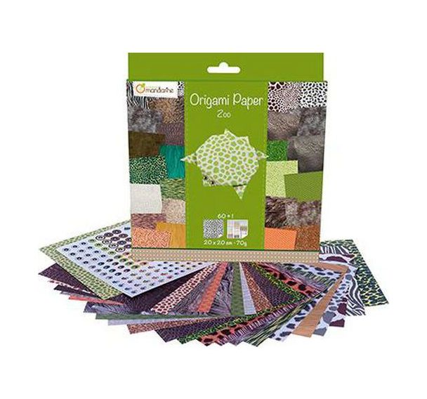 Pochette 60 feuilles papier 70 g origami 20x20 cm thème zoo + planche stickers yeux