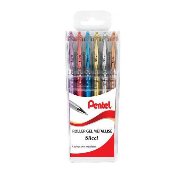 Pochette 6 stylos bille encre gel métalliques Slicci Pentel pointe 0.8 mm