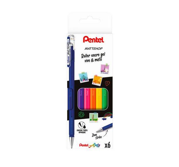 Pochette 6 stylos roller encre gel vive et mate assorties