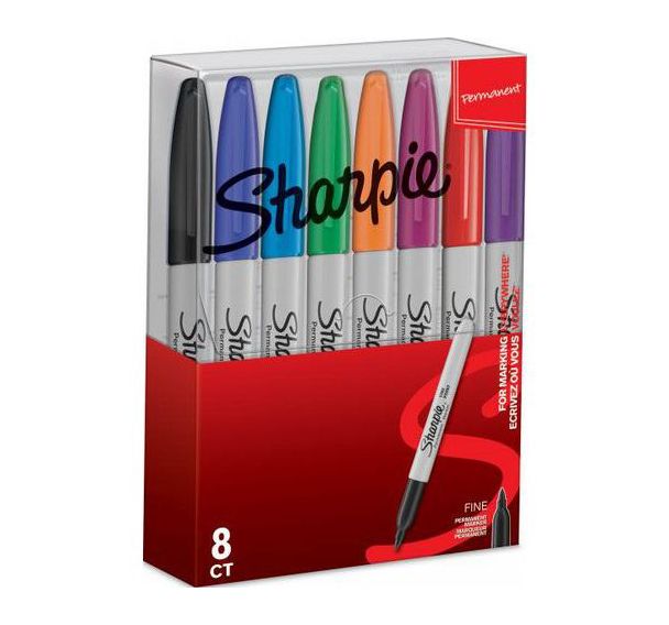 Pochette 8 Sharpie marqueurs permanents, pointe ogive 0.9 mm, assortiment de couleurs