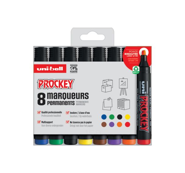 Pochette 8 marqueurs permanents pointe biseautée Prockey Uni-ball assortis