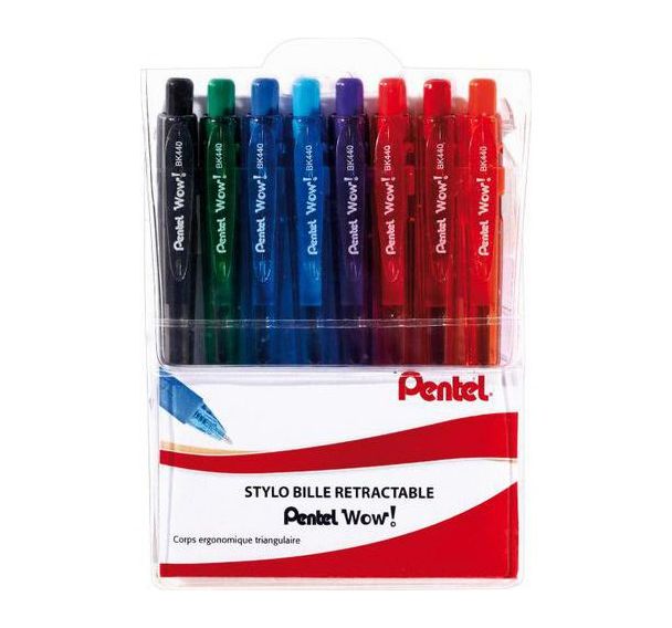 Pochette 8 stylos bille rétractable grip pointe 1 mm - bleu, noir, rouge, vert, orange, rose, violet, bleu ciel