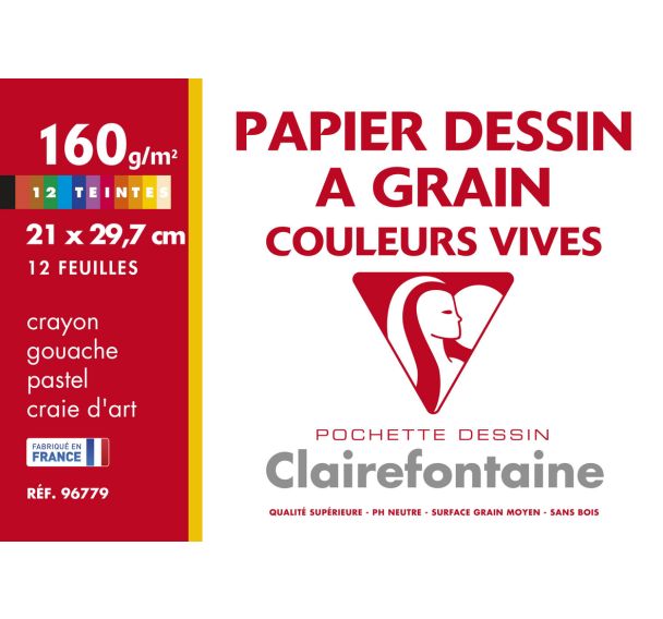 Pochette de 12 feuilles Dessin à Grain A4 160g assorties