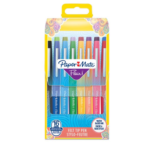 Pochette de 16 Paper Mate Flair FUN Feutres de Coloriage, pointe moyenne 1 mm, assortiment de couleurs