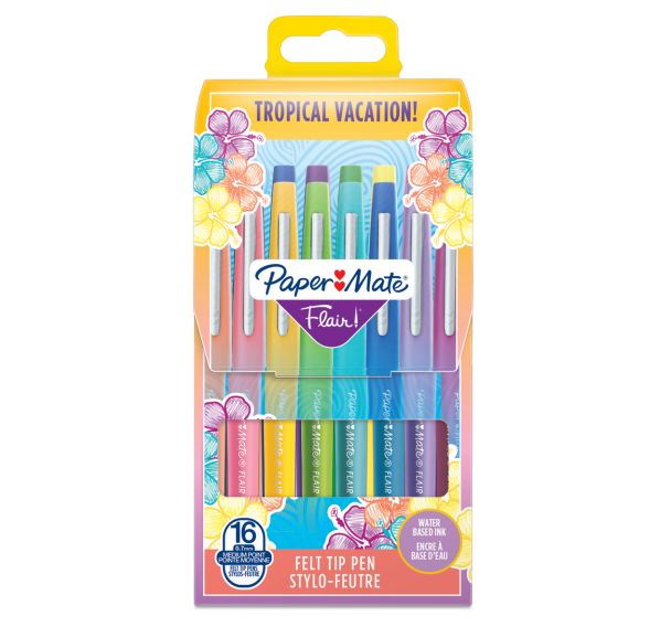 Pochette de 16 Paper Mate Flair Feutres de Coloriage, pointe moyenne 0,7 mm Couleurs tropicales et assorties