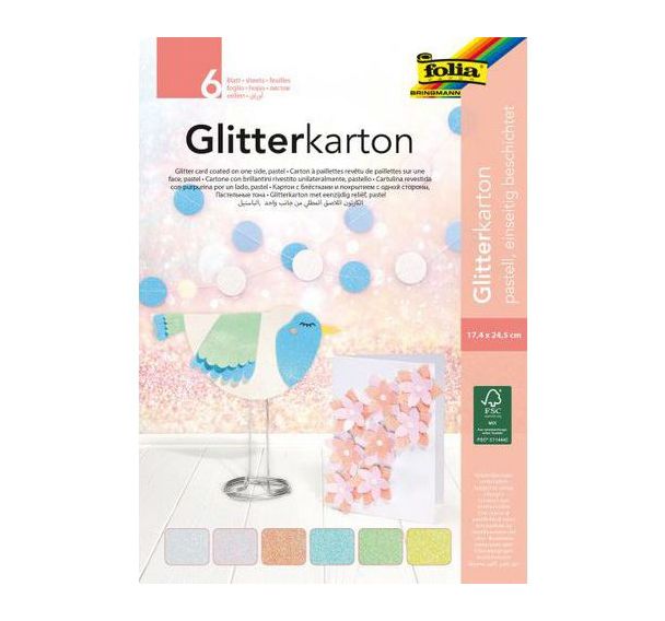 Pochette de 6 feuilles 17 x 24.5 cm carton pailleté pastel 300 g