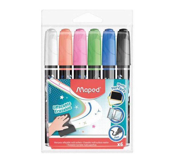Pochette de 6 marqueurs effaçables multi surface MAPED.
