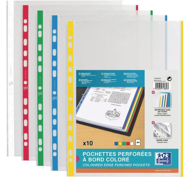 Pochette perforée à bord coloré Oxford - Sachet de 10