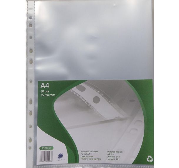 Pochette polypropylène perforées A4 incolore 75 microns  (Sachet de 50)