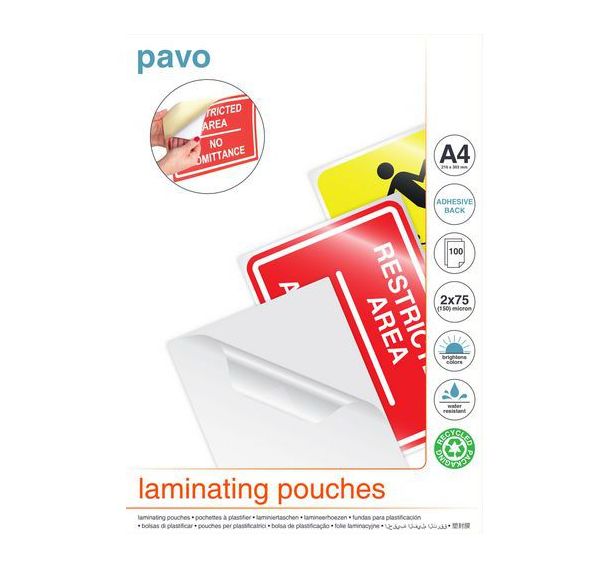 Pochettes de Plastification A4 dos adhésif - Pavo