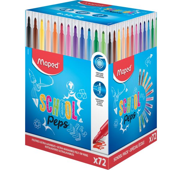 Pot 72 feutres pointe conique 3.6 mm en 12 couleurs assorties School Peps Maped
