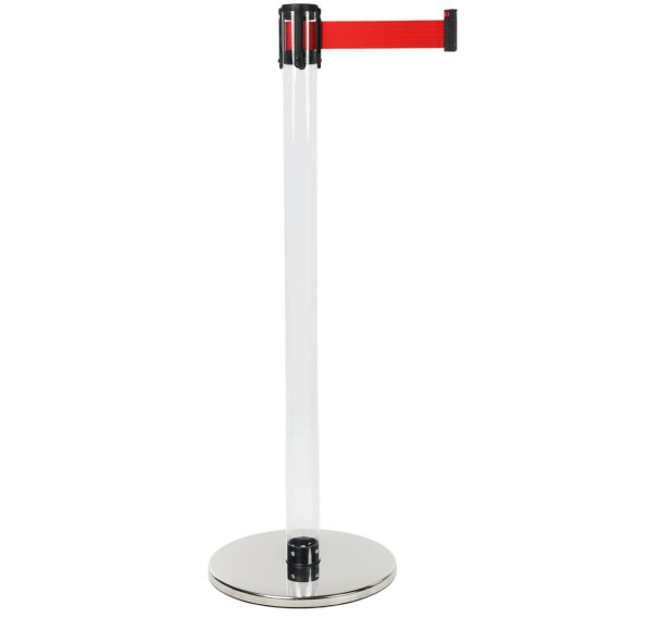 Poteau à sangle rouge - Tube transparent - base argentée