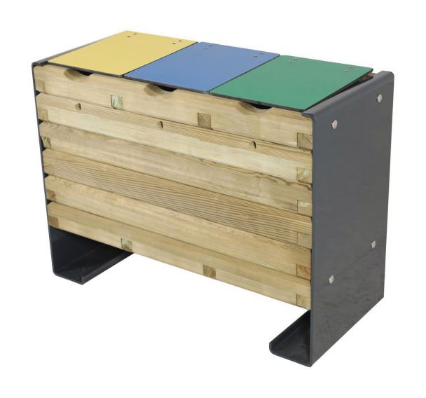 Poubelle Acmon tri sélectif 3x50L pin piètement acier galvanisé laqué gris-bacs
