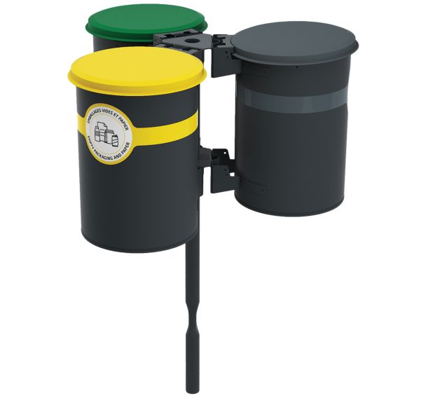 Poubelle tri CERKY 3 x 60 L métal gris 7016 - verre/papier/déchets