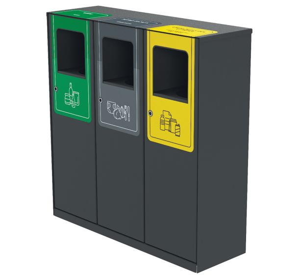Poubelle tri TRIVY 3 x 40 L métal gris 7016 - papier/verre/déchets