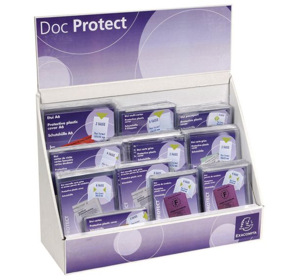 Présentoir complet avec différents formats d'étuis de protection