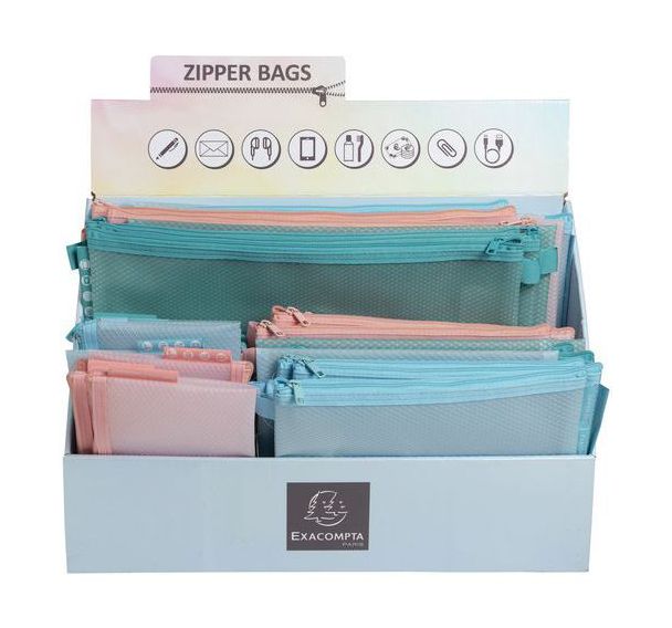 Présentoir de 36 Pochettes Zip chrome pastel