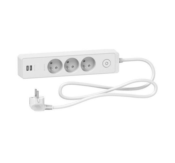 Rallonge 1,5m multiprises 3 prises 2P+T blanche 2 USB