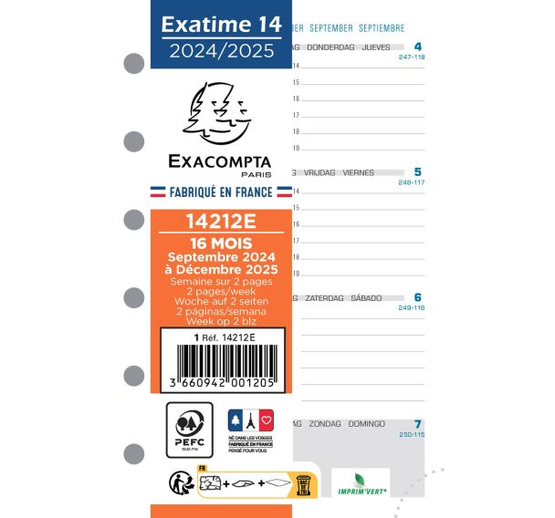Recharge Exatime 14 semaines - 2 pages à l'horizontal - Exacompta