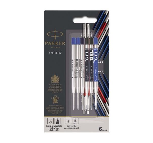 Recharges Stylo Parker 3 Gel et 3 Bille, 2 coloris assortis