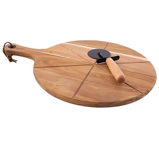 Roulette à pizza + Planche à découper ronde 32.5 cm en acacia