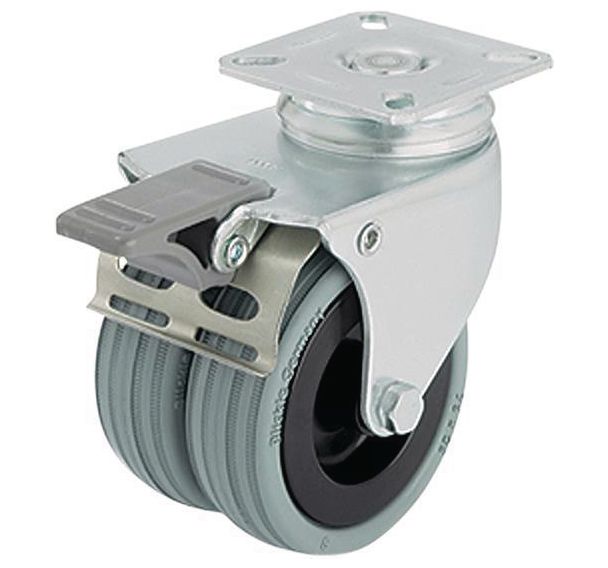 Roulette jumelée à platine - Charge 70 à 100 kg - Pivotante à frein