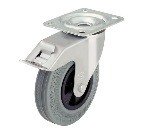 Roulette pivotante à platine et frein - Charge 50 à 205 kg - Grise