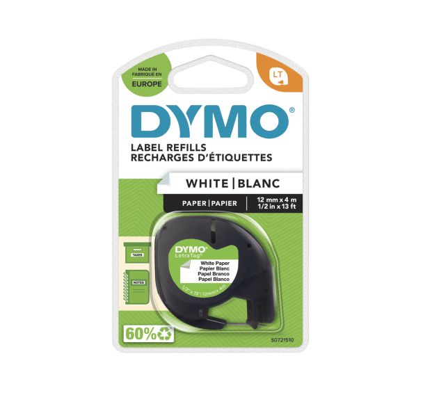 Ruban DYMO pour étiqueteuses LetraTag, papier, noir sur blanc 12mmx4m