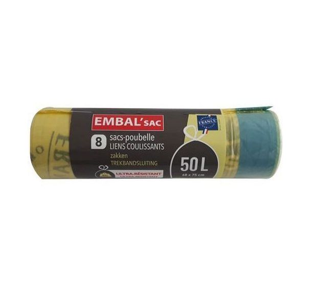 Sac poubelle jaune tri sélectif à lien coulissant - 50L - Lot de 8