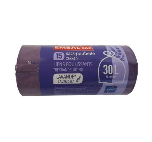 Sac poubelle parfum lavande à lien coulissant - 30L - Lot de 15