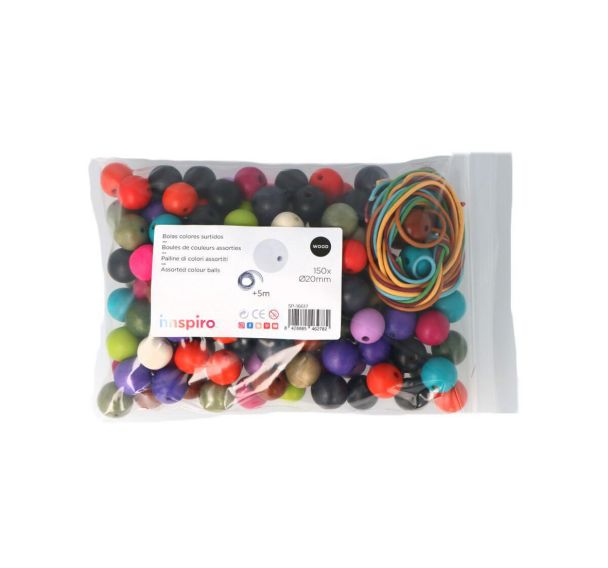 Sachet 150 perles bois dia 20mm +5 fils coton