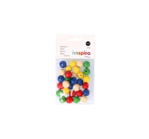 Sachet 30 perles bois rondes multicolores 15 mm