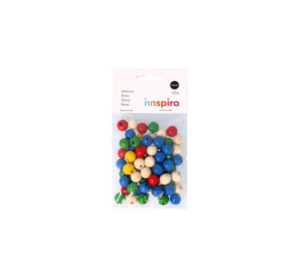 Sachet 65 perles bois rondes multicolores 12 mm