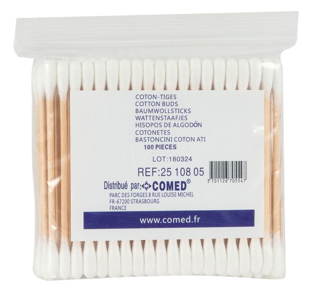 Lot de 100 coton tiges en bois en sachet-Comed