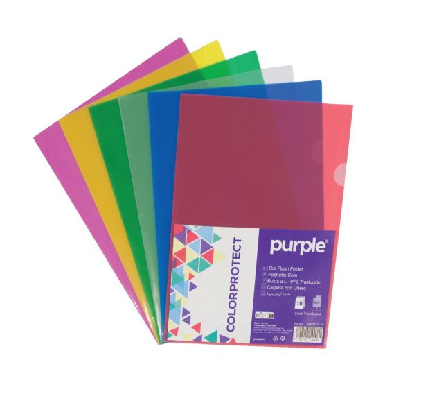 Sachet de 10 pochettes coin polypropylène ouverte sur 2 côtés, couleurs assorties, 22 x 31 cm