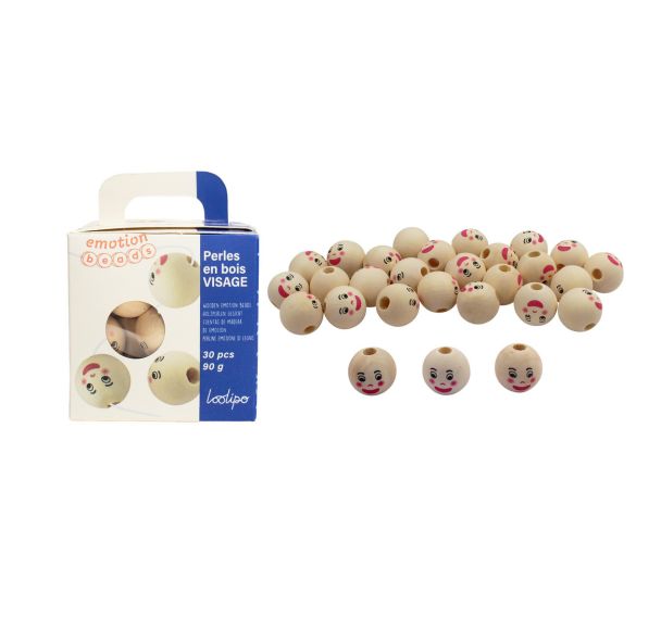 Sachet de 30 perles bois visage Ø 22 mm