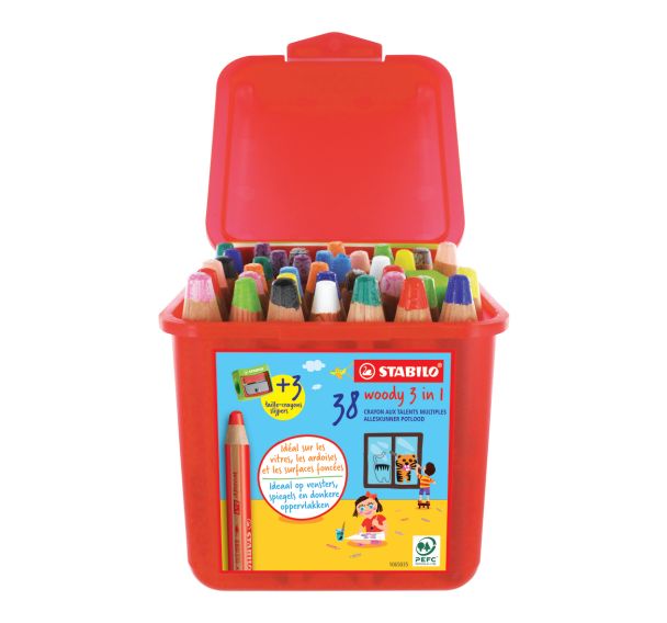 Schoolbox 38 crayons couleurs assorties gros module Woody + 3 taille-crayons gros module offert