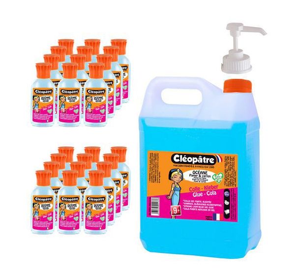 Schoolpack 24 flacons 50 ml + 1 flacon 5 litres colle océane bleue + 1 pompe doseuse