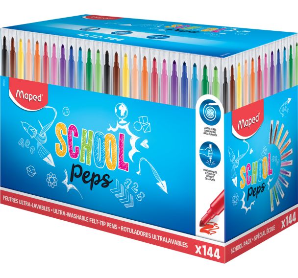 Schoolpack de 144 feutres pointe conique 3.6mm en 12 couleurs assorties School Peps Maped