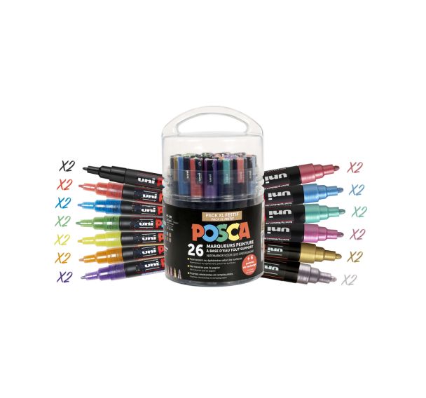 Seau 26 marqueurs peinture Posca couleurs festives + masques