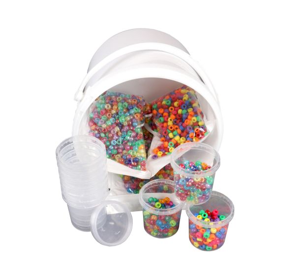 Seau 3000 perles plastique gros trous diam. 9mm + 10 pots de rangement vides